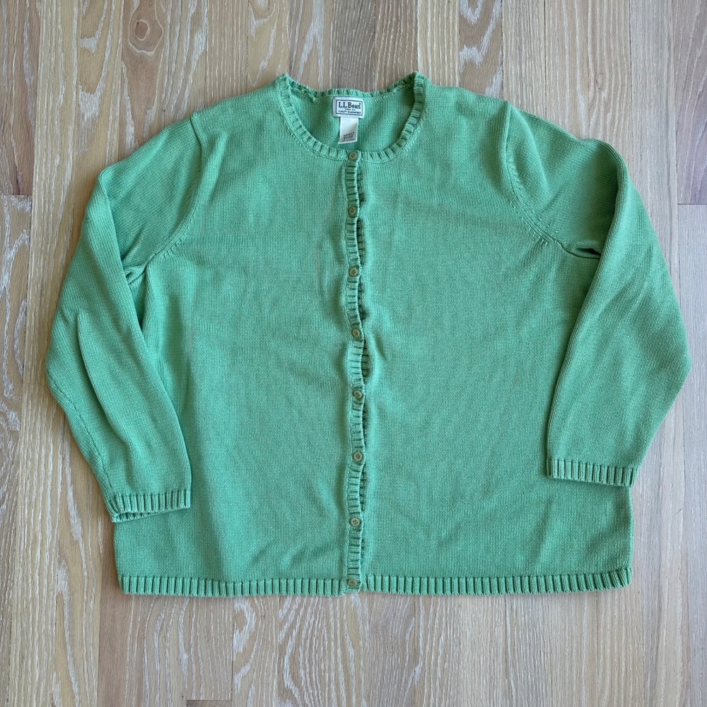 L.L. Bean Womens Cotton Knit Cardigan Preppy Coastal Granola Sage Green 3X